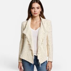 IRO Mira Cotton Boucle Knit Fringed Moto Jacket Blazer in Ecru Size 40 US 8